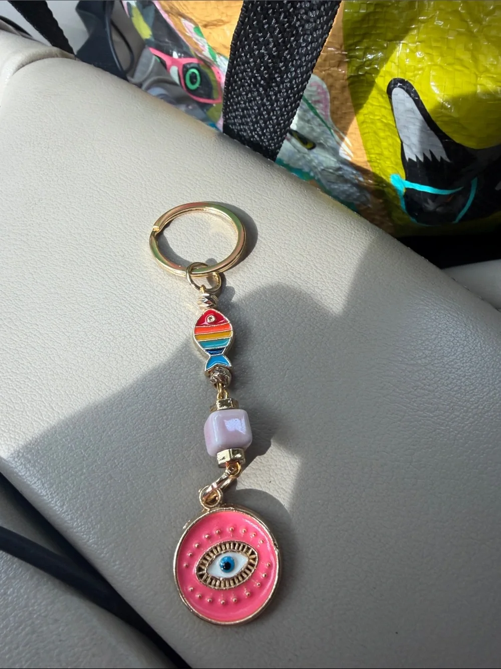Source Unknown Gold-Tone Pink Evil Eye Keychain with Rainbow Fish and Bead